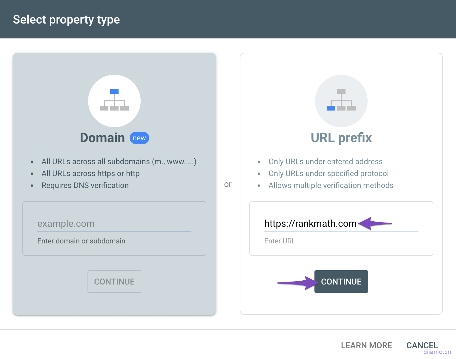 Select the property type in the Google Search Console
