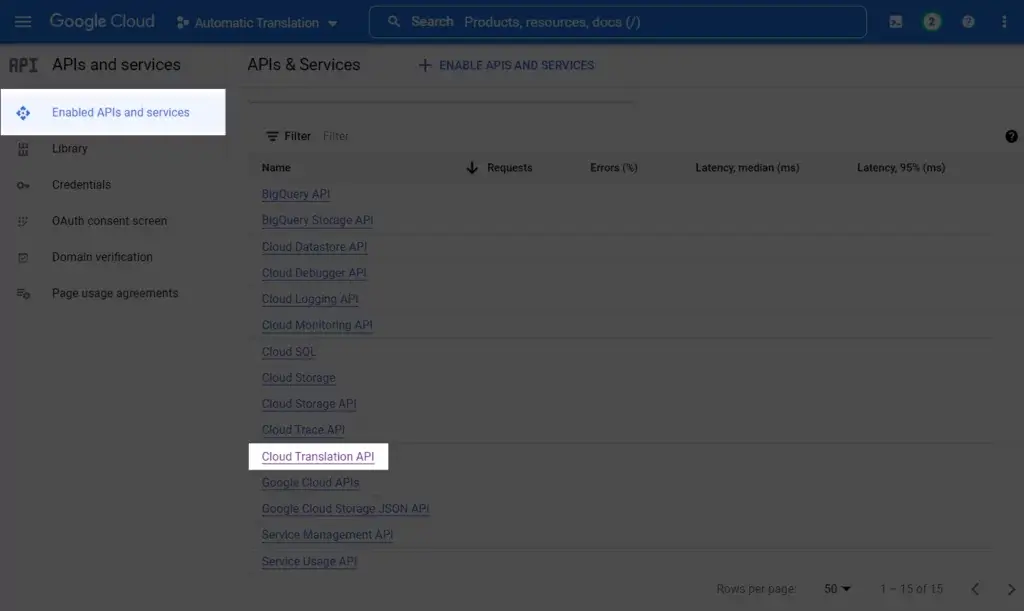 APIs and Services Enabled in Google Cloud Console screen